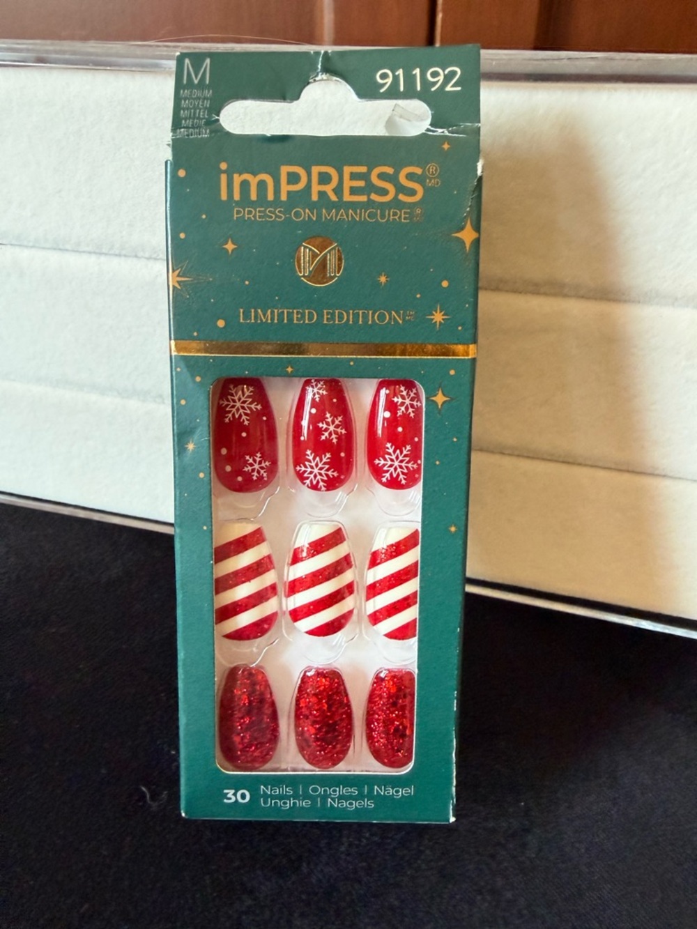 imPRESS Red & White Holiday Press-On Nails with Snowflakes and Candy Stripes